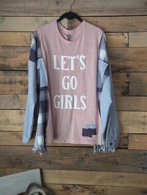 Upcycled Pink Graphic Long Sleeve Tee with Blue Plaid Patchwork Sleeves